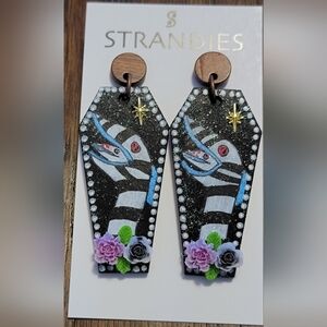 Coffin shaped Beetlejuice inspired sandworm, handpainted wooden earrings
